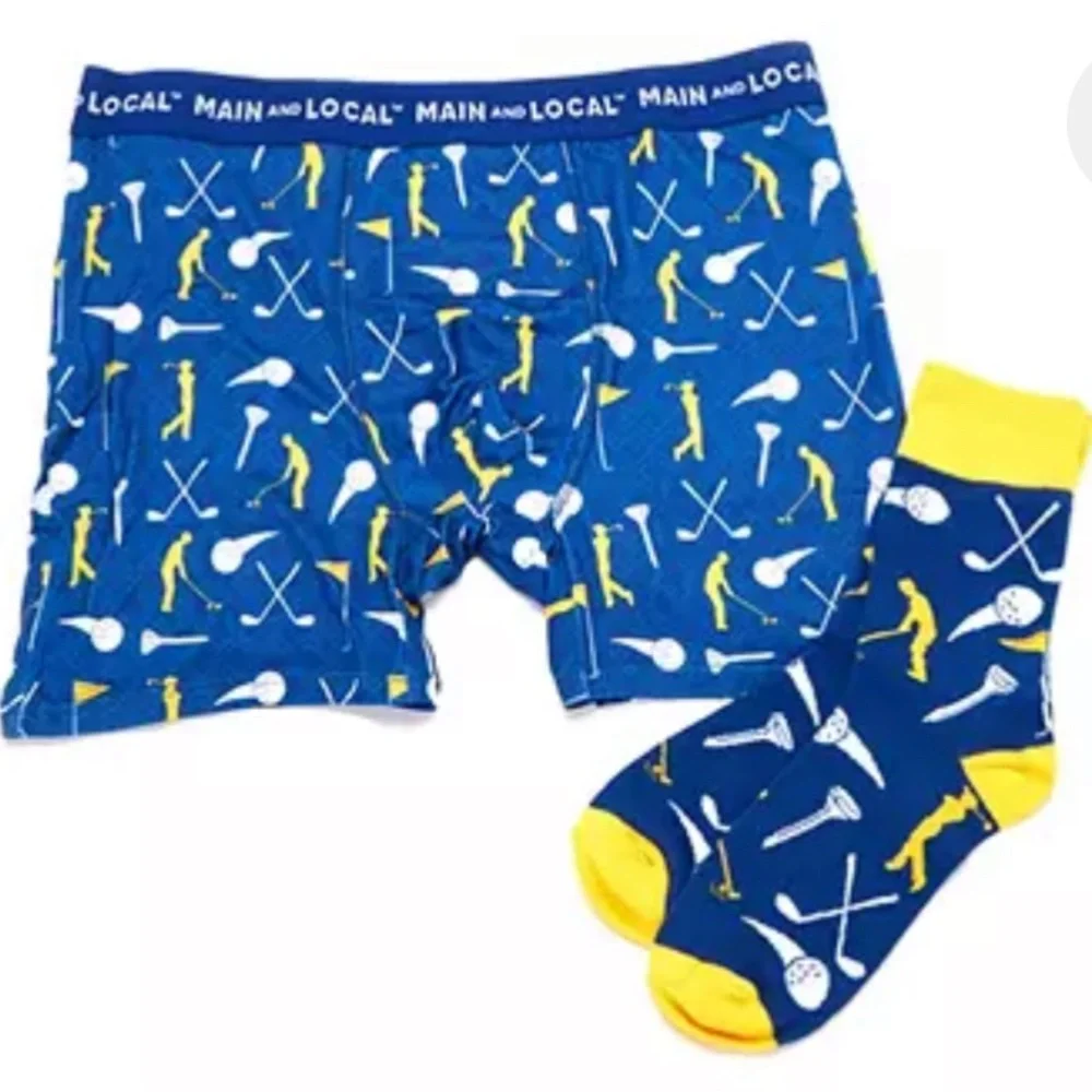Local & Main Men’s Size S Golf Novelty Boxers & Socks Gift Set Blue Holiday Bday
